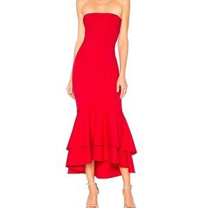 Lovers + Friends Strapless Red Mermaid Ruffle Midi Dress